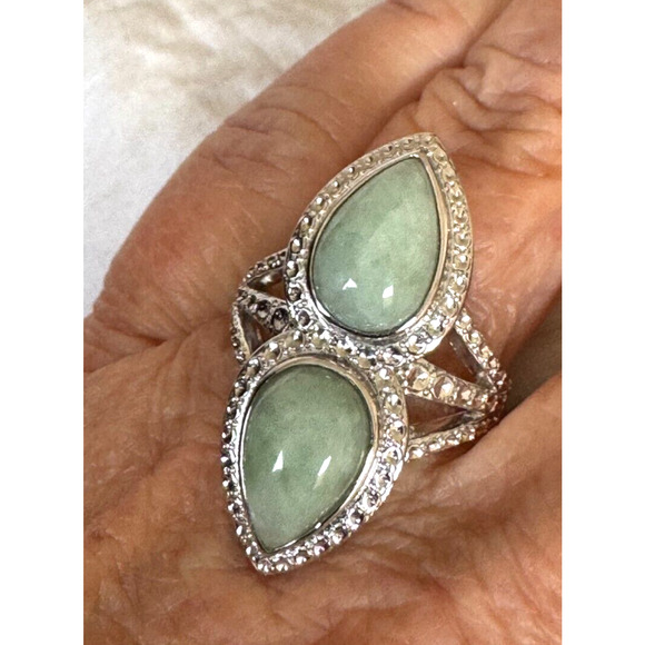 QVC Sterling Silver Double Pear Shaped Green Stone Elongated Jade Ring Sz 8.5 9 - Picture 1 of 10